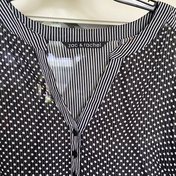 Zac & Rachel Navy Blouse Stripes Polka Dots XL Sheer Work Wear Business Casual - Picture 2 of 6